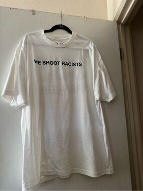 Half Evil 333 White Graphic Tee with 'WE SHOOT RACISTS' Text
